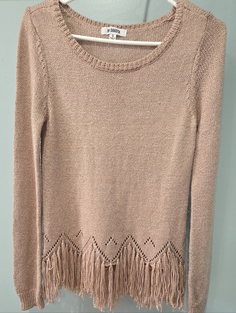 BB Dakota Blush Pink/Beige Fringe-Hem Crewneck Sweater